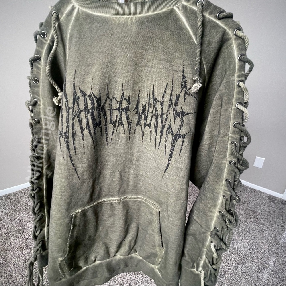 NEW Darker Wavs Dolls Kill Army Green Lace Burnout Hoodie Unisex XXS = Large